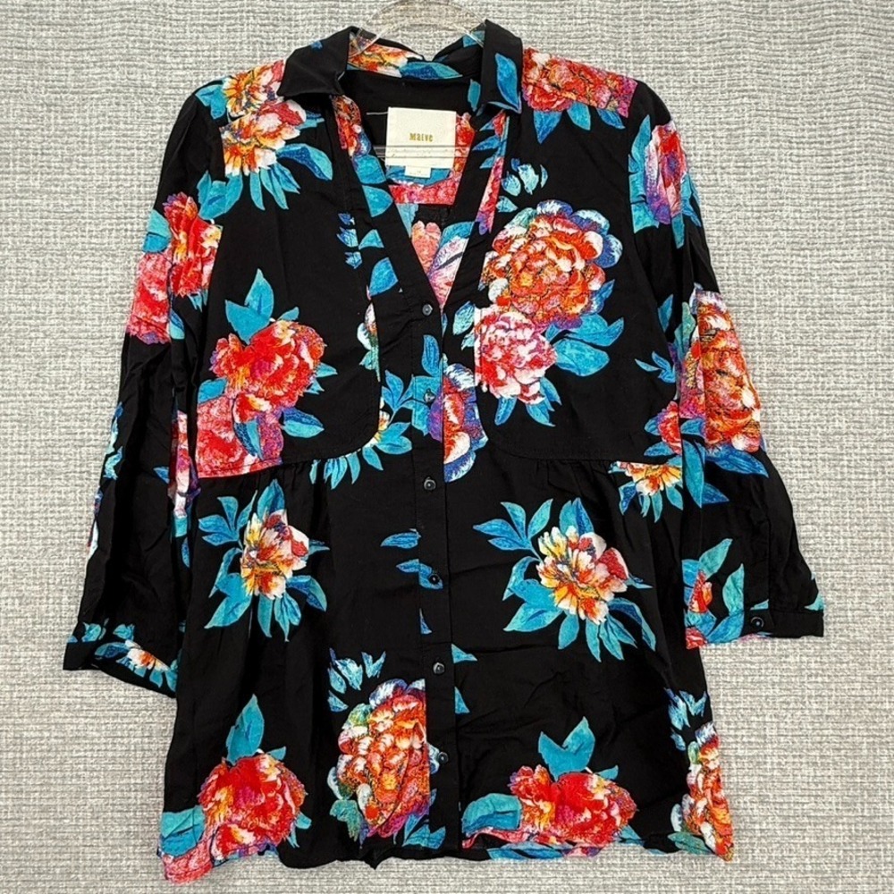 Mave Anthropologie Womens Blouse Top Sz 10 M Black Floral 3/4 Sleeve Fairy Boho